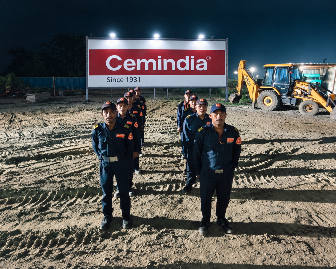 Security team at a Cemindia project site at night